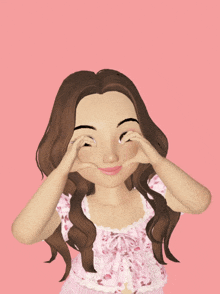 a cartoon girl making a heart shape with her hands on her face