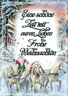 a christmas card with santa riding a horse drawn carriage