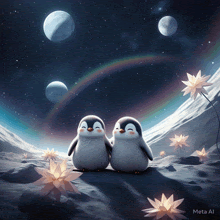 two penguins standing next to each other with a rainbow in the background and meta al written on the bottom right