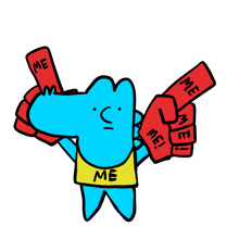 a blue cartoon character with a yellow shirt that says me on it