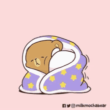 a cartoon of a teddy bear wrapped in a purple blanket with stars .