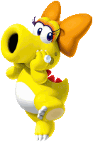 a yellow cartoon character with a bow around its head