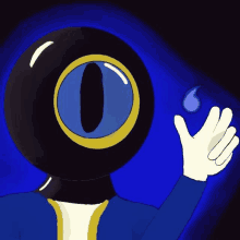 a cartoon character with a blue eye and a hand holding a blue drop .