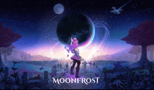 a poster for moonfrost with a girl holding a planet