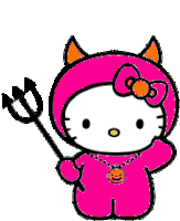 a hello kitty in a pink devil costume holding a trident