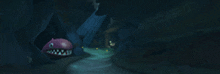 a cartoon character is swimming in a cave with a large mouth