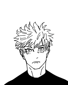 a black and white drawing of a boy with a serious look on his face