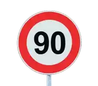 a red and white speed limit sign that says 90