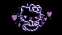 a neon sign of a hello kitty with hearts and stars around it on a black background .