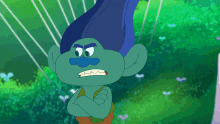 a cartoon troll with blue hair and a blue mustache