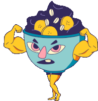 a cartoon illustration of a cup of food with a face and muscles