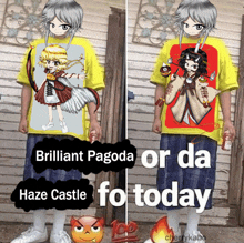 a person wearing a yellow shirt that says brilliant pagoda or da haze castle