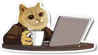 a cat is sitting at a table holding a cup of coffee and a laptop