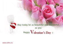 a valentine 's day card with pink roses and a man holding a red heart