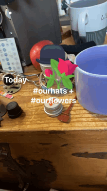 a purple bowl sits on a wooden table with the words today #ourhats + #ourflowers above it