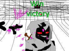 a drawing of a minecraft character with the words win victory in green letters