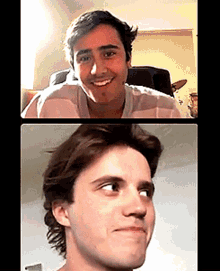 two young men are having a video call and one is smiling and the other is making a face