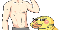 a cartoon drawing of a shirtless man and a yellow duck