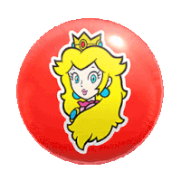 a red button with a picture of princess peach