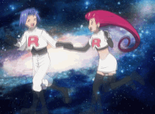 a couple of anime characters holding hands with the letter r on their uniforms