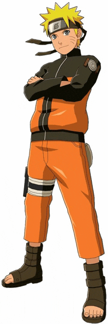 naruto is standing with his arms crossed and wearing sandals