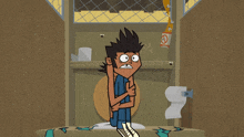 a cartoon of a boy sitting on a toilet with a sign that says no smoking