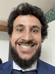 a man with a beard wearing a blue suit and bow tie smiles