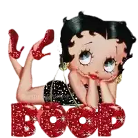 betty boop is laying on her stomach with the word boop written in red glitter