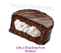 a slice of chocolate cake with whipped cream and the words like a ding dong from hostess below it