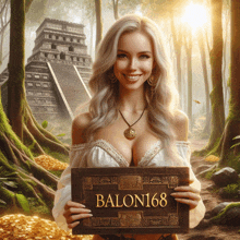 a woman holding a book that says balon168