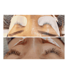 a before and after picture of a woman 's eyelash extensions