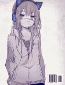 a drawing of a girl wearing headphones and a mask with a barcode on the back