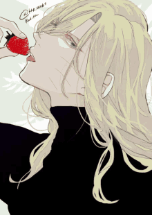 a drawing of a man with long hair eating a strawberry