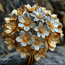 a bunch of gold and silver flowers are sitting on a rock