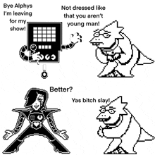 a black and white drawing of alphys and mettaton