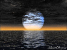 a picture of a full moon over a body of water with the words sweet dreams on the bottom