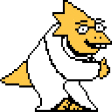 a pixel art drawing of a yellow cartoon character wearing glasses and a white coat .