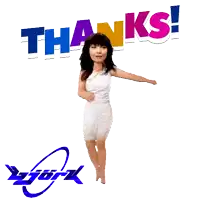 a woman in a white dress is dancing in front of a thank you sign