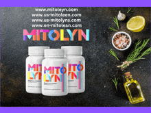 three bottles of mitolyn sit on a table with ingredients