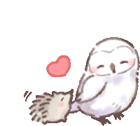 a cartoon of an owl and a hedgehog with a heart in the background