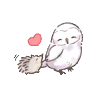 a cartoon of an owl and a hedgehog with a heart in the background