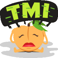 a cartoon peach with a green leaf and the word tmi behind it