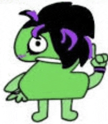 a green cartoon character with black hair and purple ears is pointing up .