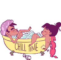 a cartoon of a man and a woman in a bathtub that says chill time on it