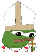 a cartoon frog wearing a hat and holding a cross .