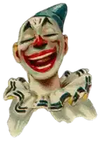 a clown with a blue hat and a white collar is smiling with his eyes closed