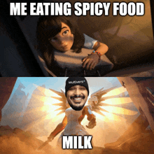 a meme that says me eating spicy food next to a picture of an angel