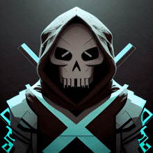 a cartoon drawing of a skull with a hood and a cross on his chest