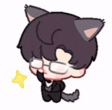 a boy with cat ears and glasses is kneeling down with a yellow star .