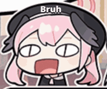 a cartoon of a girl with pink hair wearing a black hat with the word bruh on it .